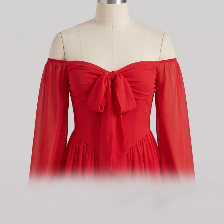 Scarlet Muse off-shoulder bow bodice detail