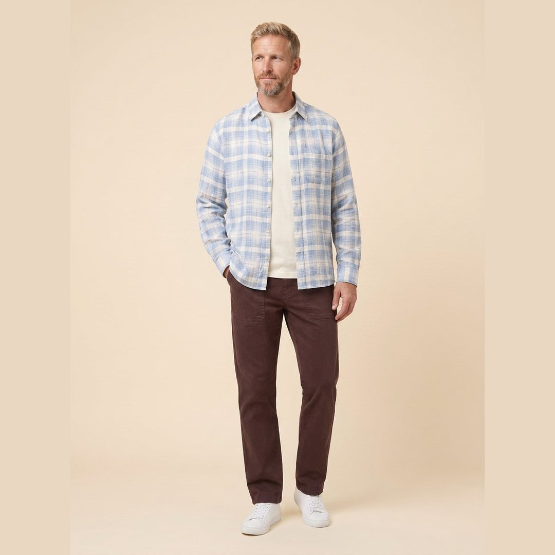 Hindley check boxy shirt worn open, front