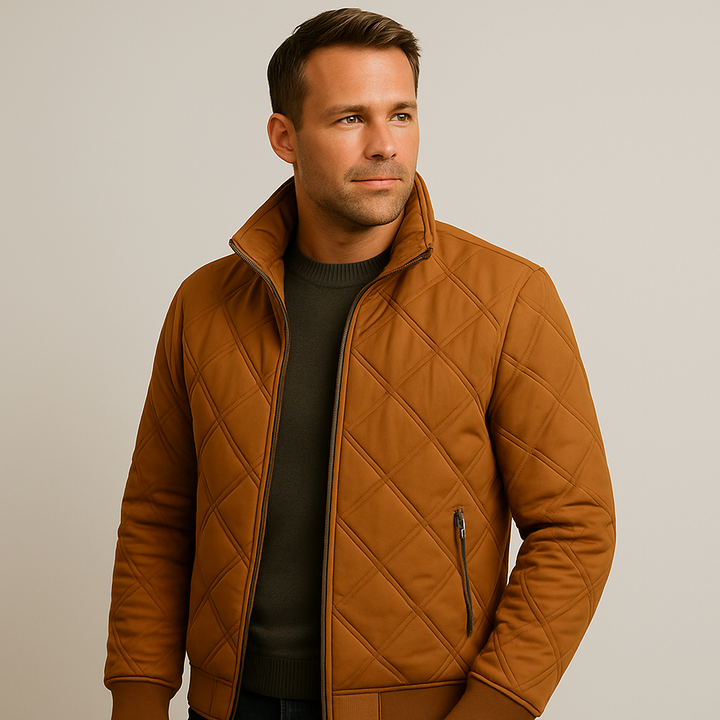 Men's Diamond-Quilted Jacket, High Collar, Zip Pockets, Ribbed Hem