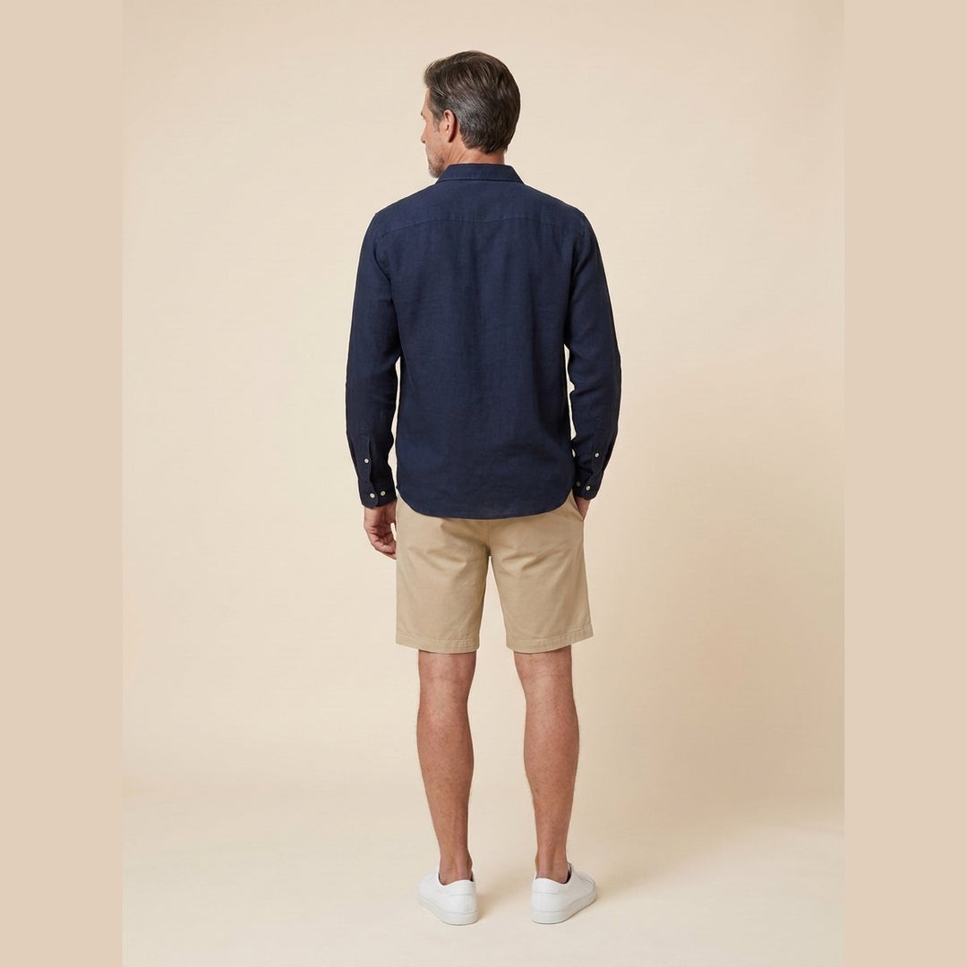 Liora navy linen shirt, back view