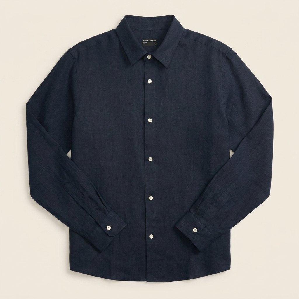 Liora navy linen shirt, product flat lay