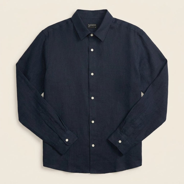 Liora navy linen shirt, product flat lay