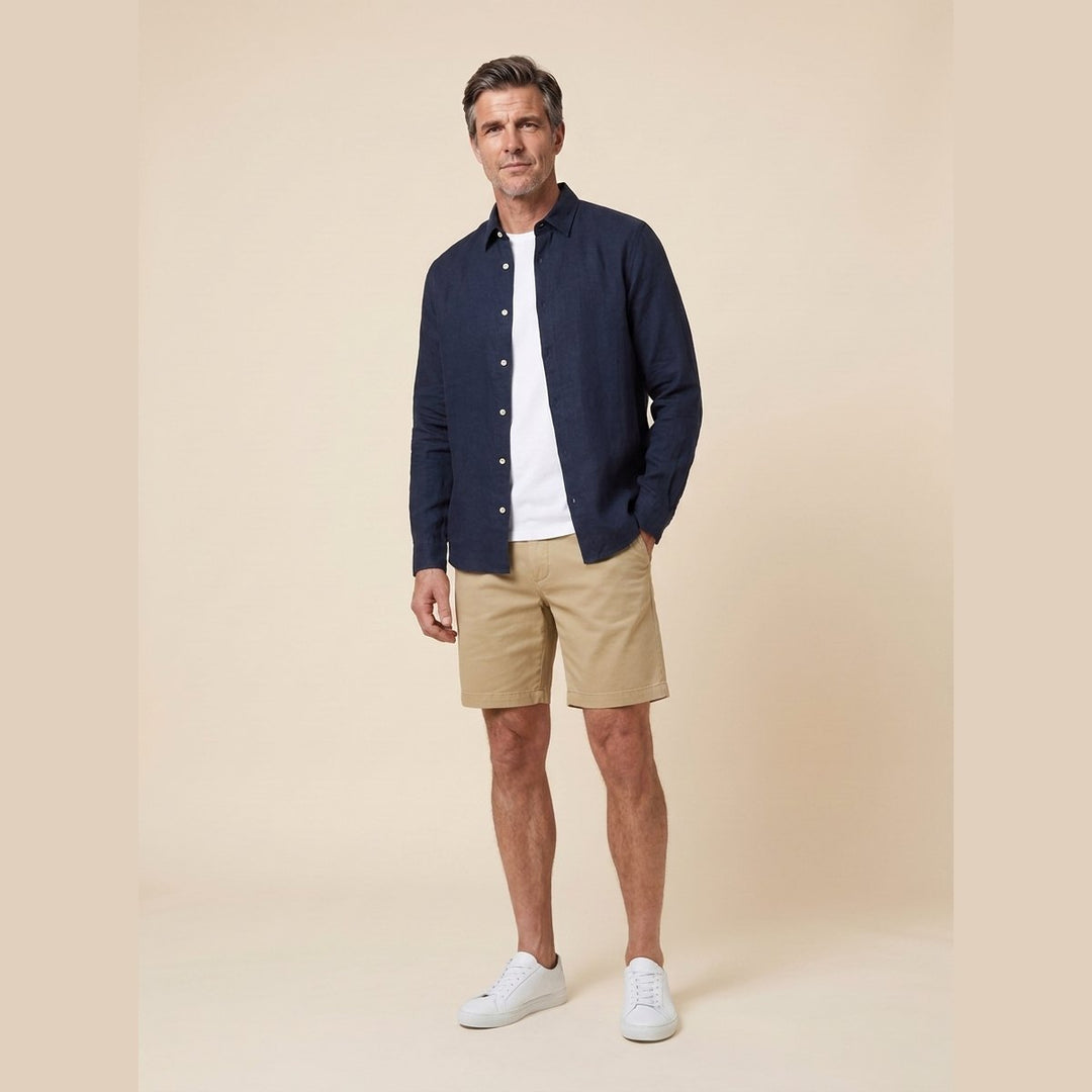 Liora navy linen shirt, front pose