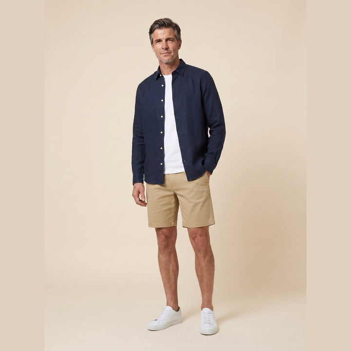 Liora navy linen shirt, front pose