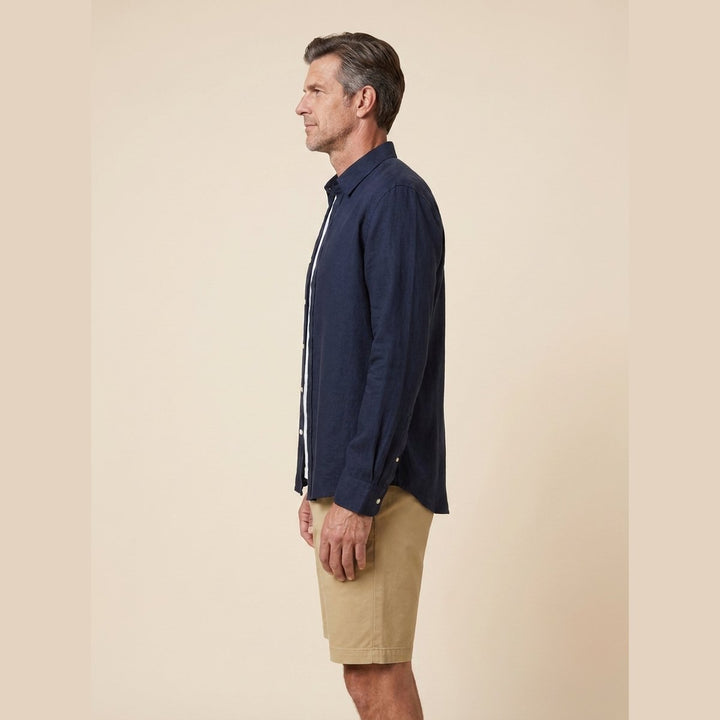 Liora navy linen shirt, side view
