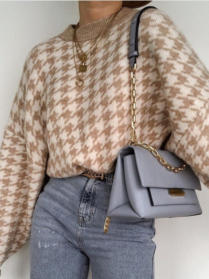 Soft cotton blend Haven Houndstooth sweater featuring a stylish houndstooth pattern, perfect for cozy casual outfits. - 1