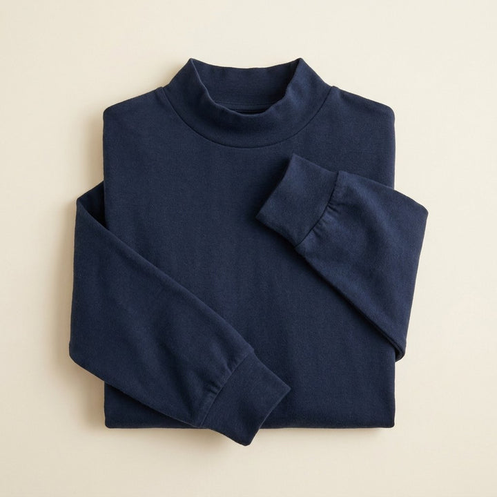 Maverick navy mock-neck tee product flat lay