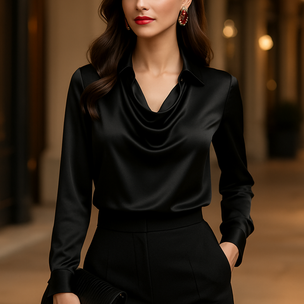 Ikata | Shiny Blouse with Pleated Neckline