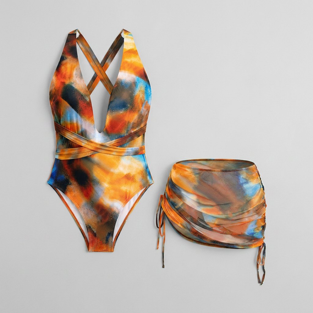 Abstract tie-dye swimsuit and sarong skirt set - front