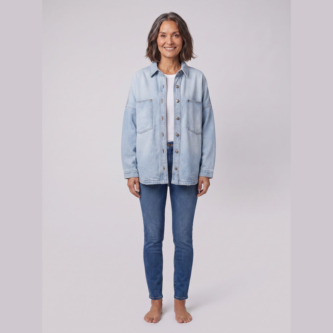 Addison oversized denim overshirt in light blue on model