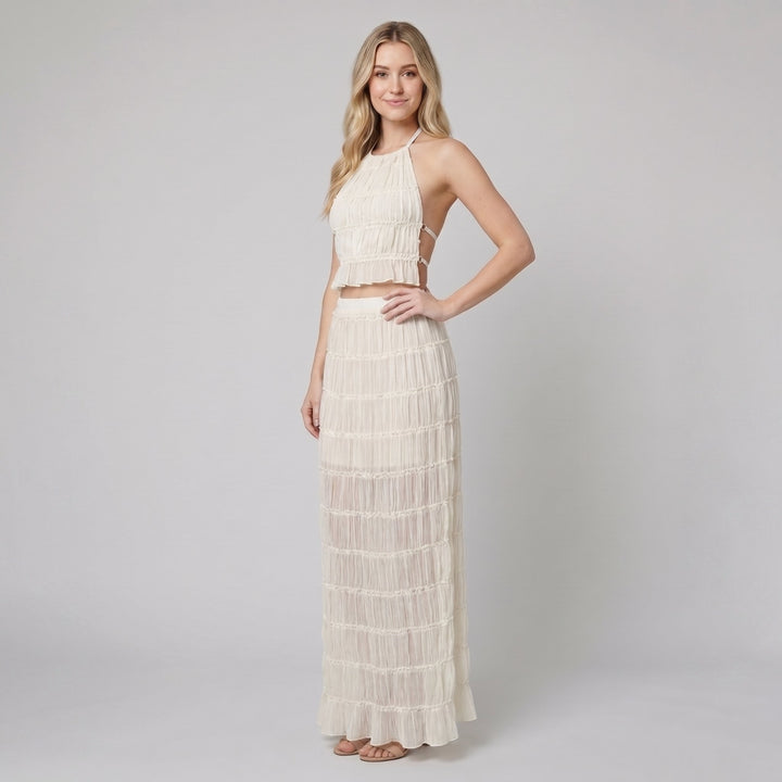 Adele white two-piece halter maxi set front on model