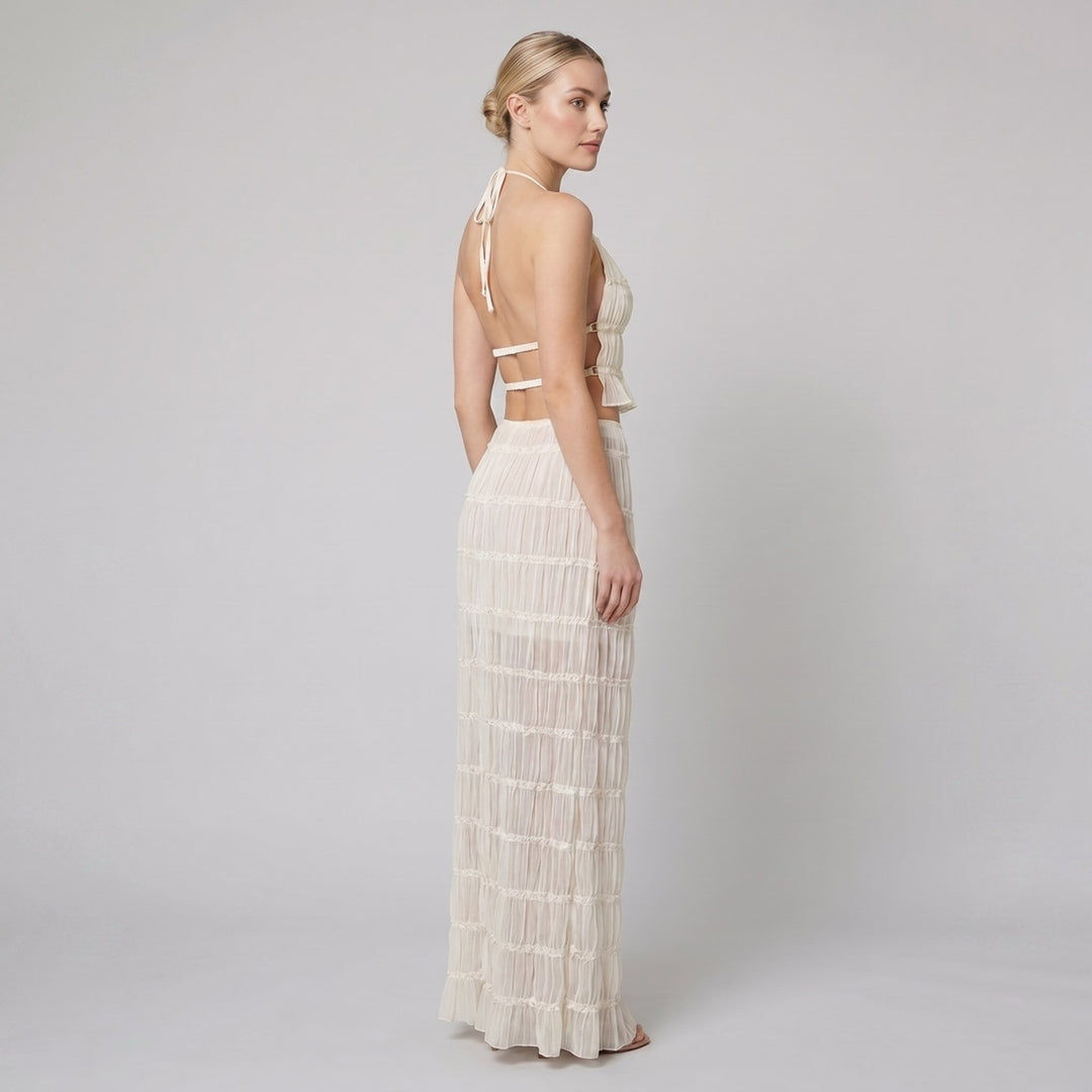 Adele white two-piece halter maxi set back on model