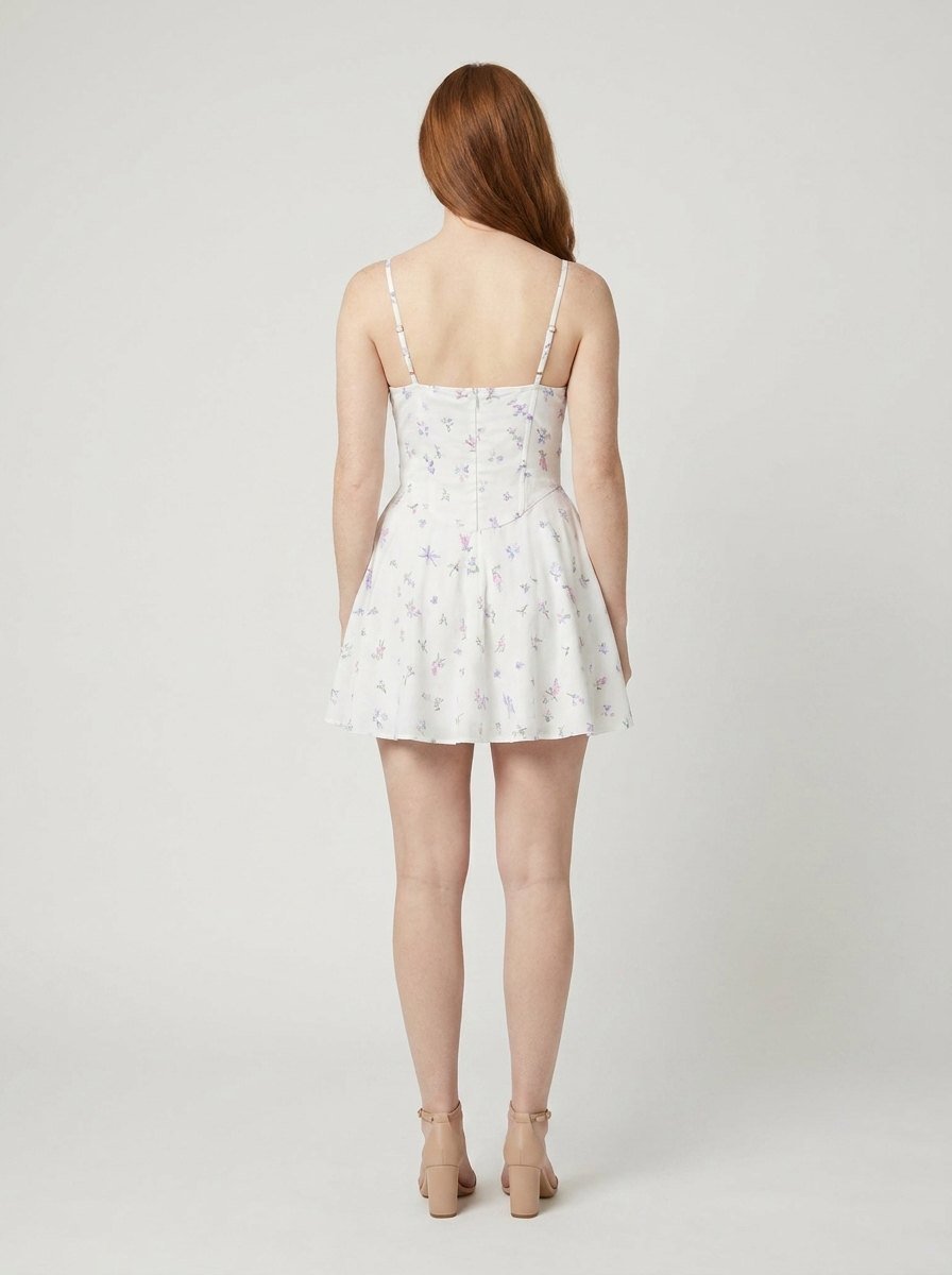 Adrienne floral mini dress back view with lace-up detail