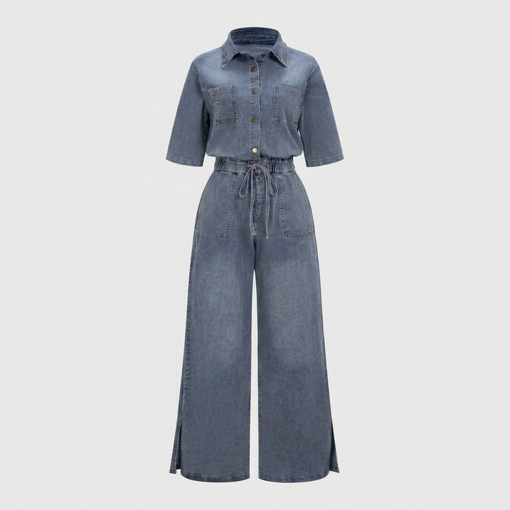 Aero denim wide-leg jumpsuit product flat lay