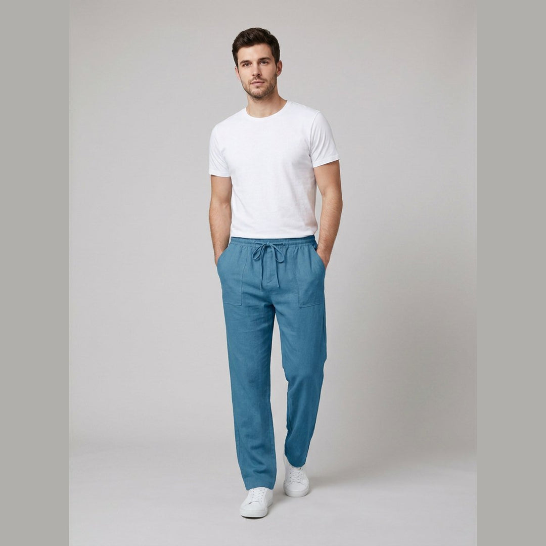 Aero mens linen pants blue on model
