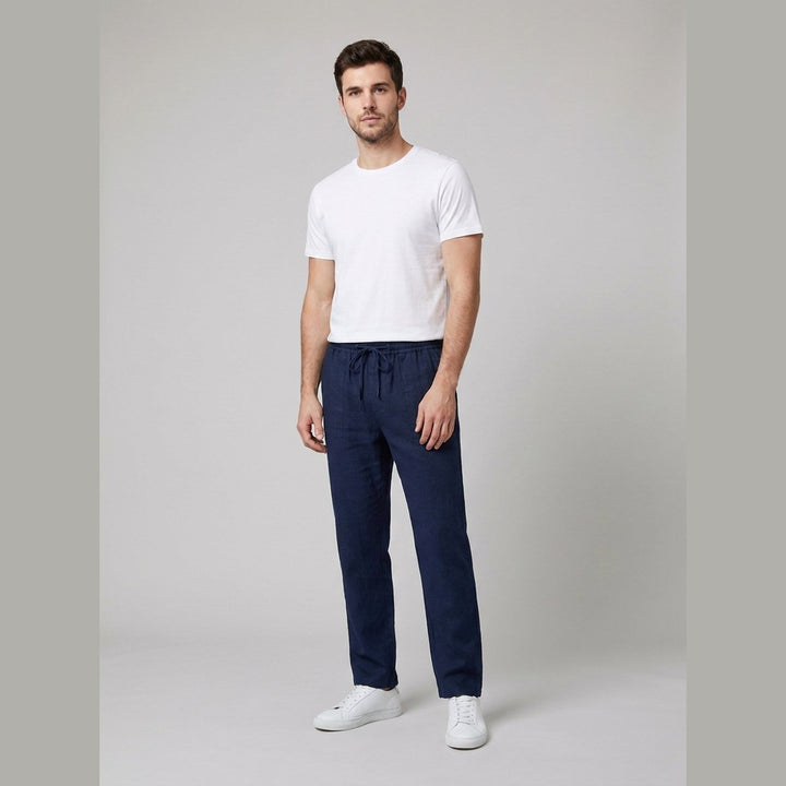 Aero mens linen pants dark blue on model