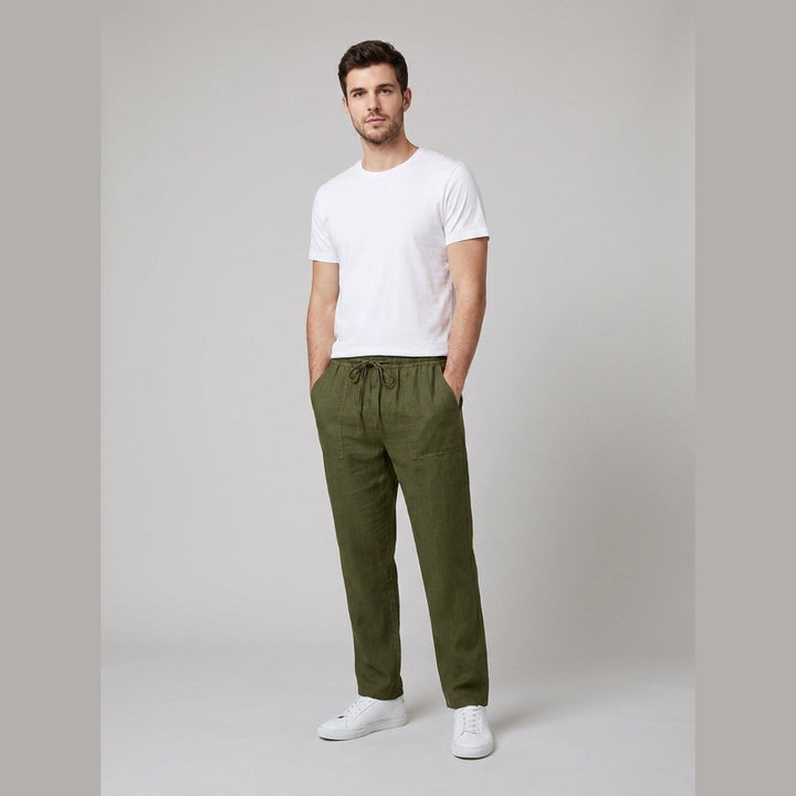 Aero mens linen pants olive green on model