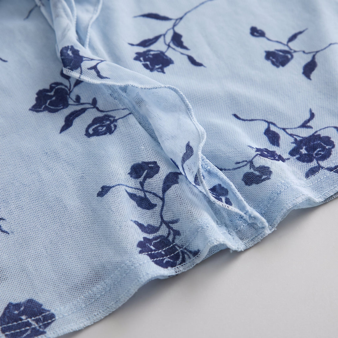 Alana Cami Top blue floral sheer mesh fabric close up