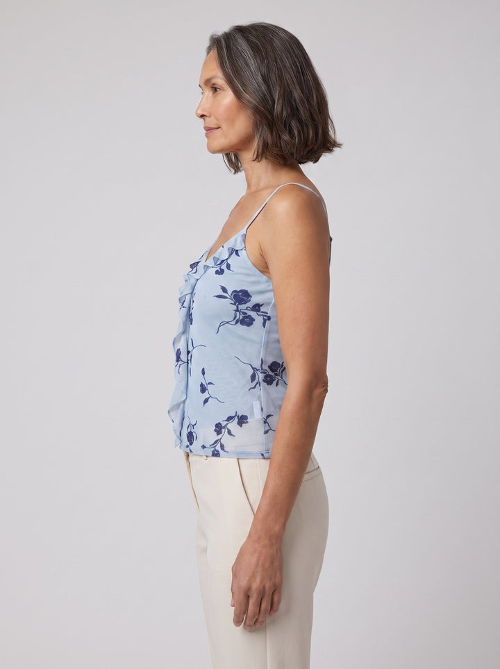 Alana Cami Top blue floral side view on model