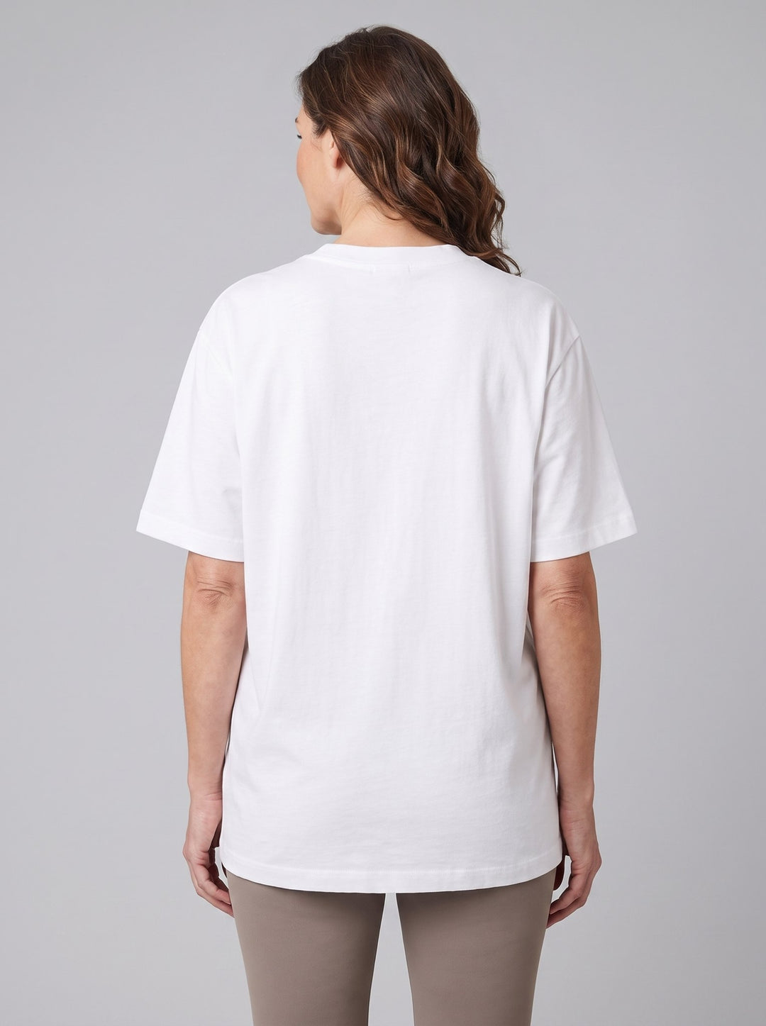 Alera oversized white t-shirt back view on model