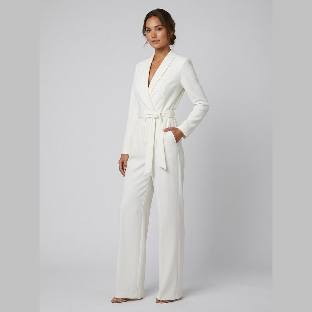 Alessandra ivory belted power jumpsuit on model side