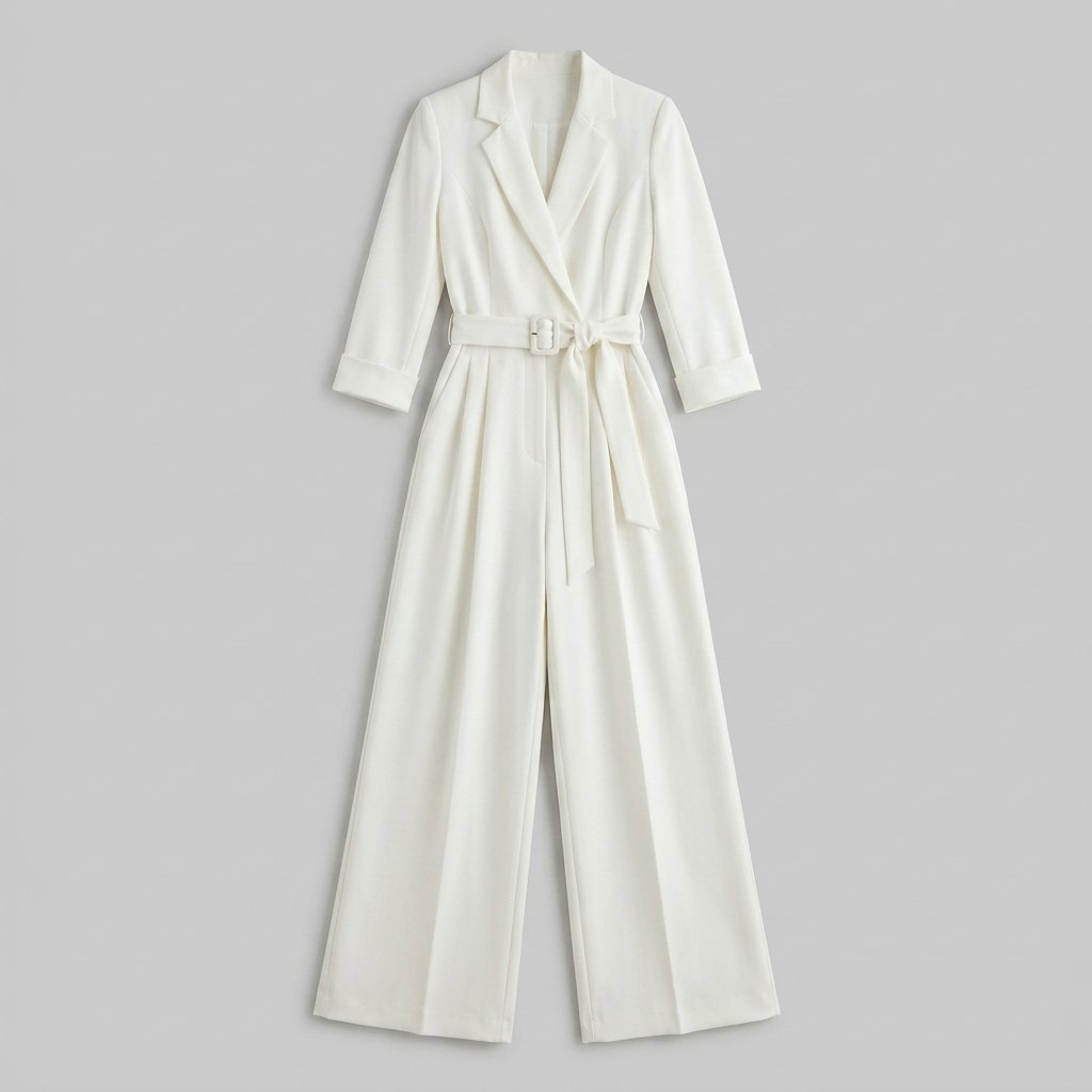 Alessandra ivory belted power jumpsuit product flat lay