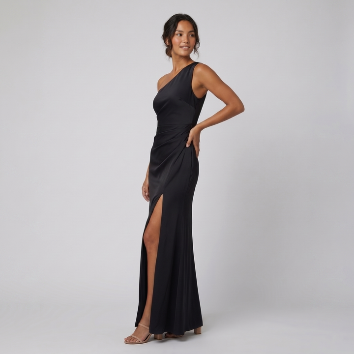 Alessandra one-shoulder black evening gown on model