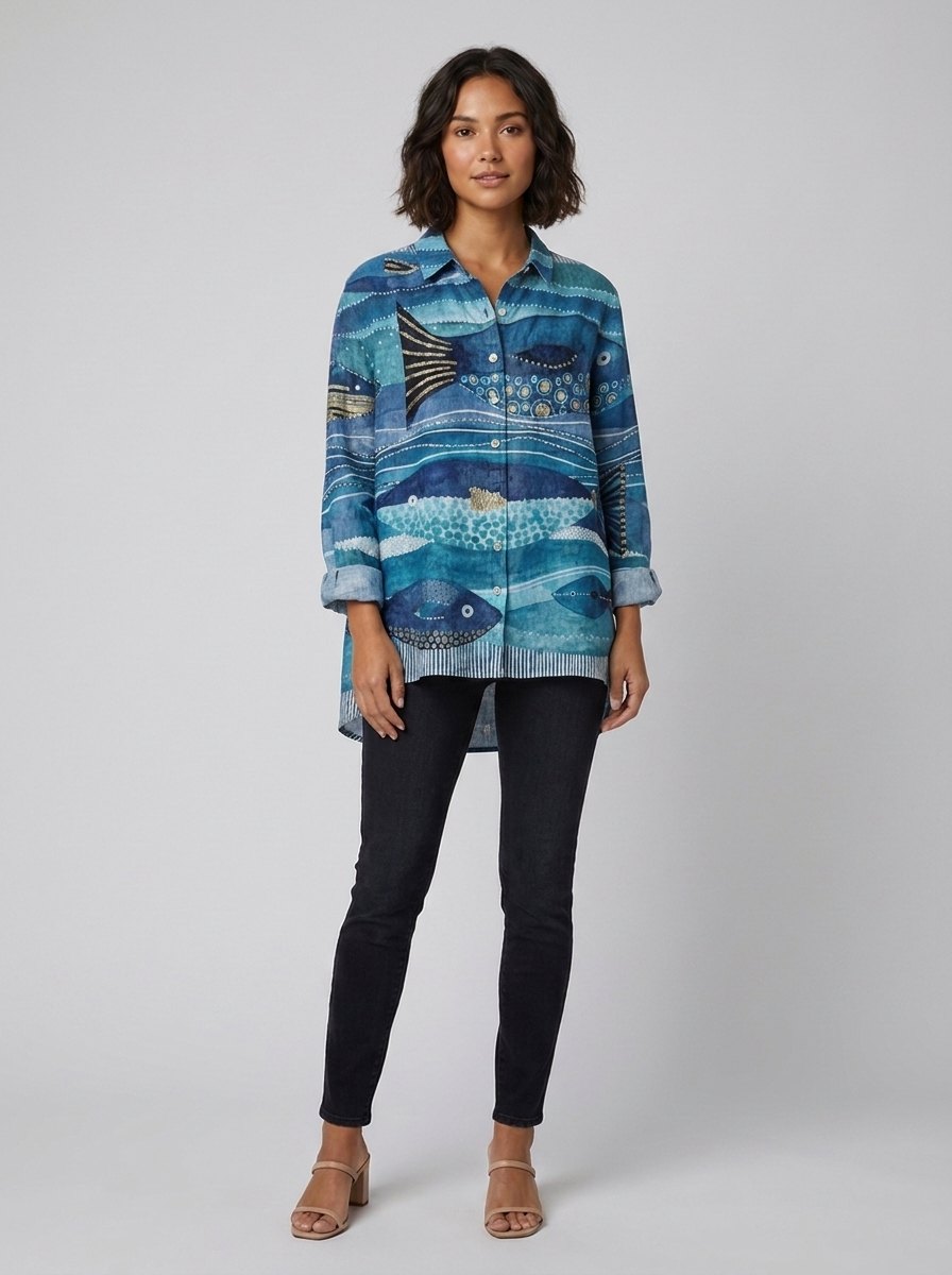 Alisa Linen Blouse blue fish print front