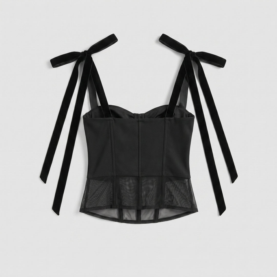 Black mesh cami crop top, back view