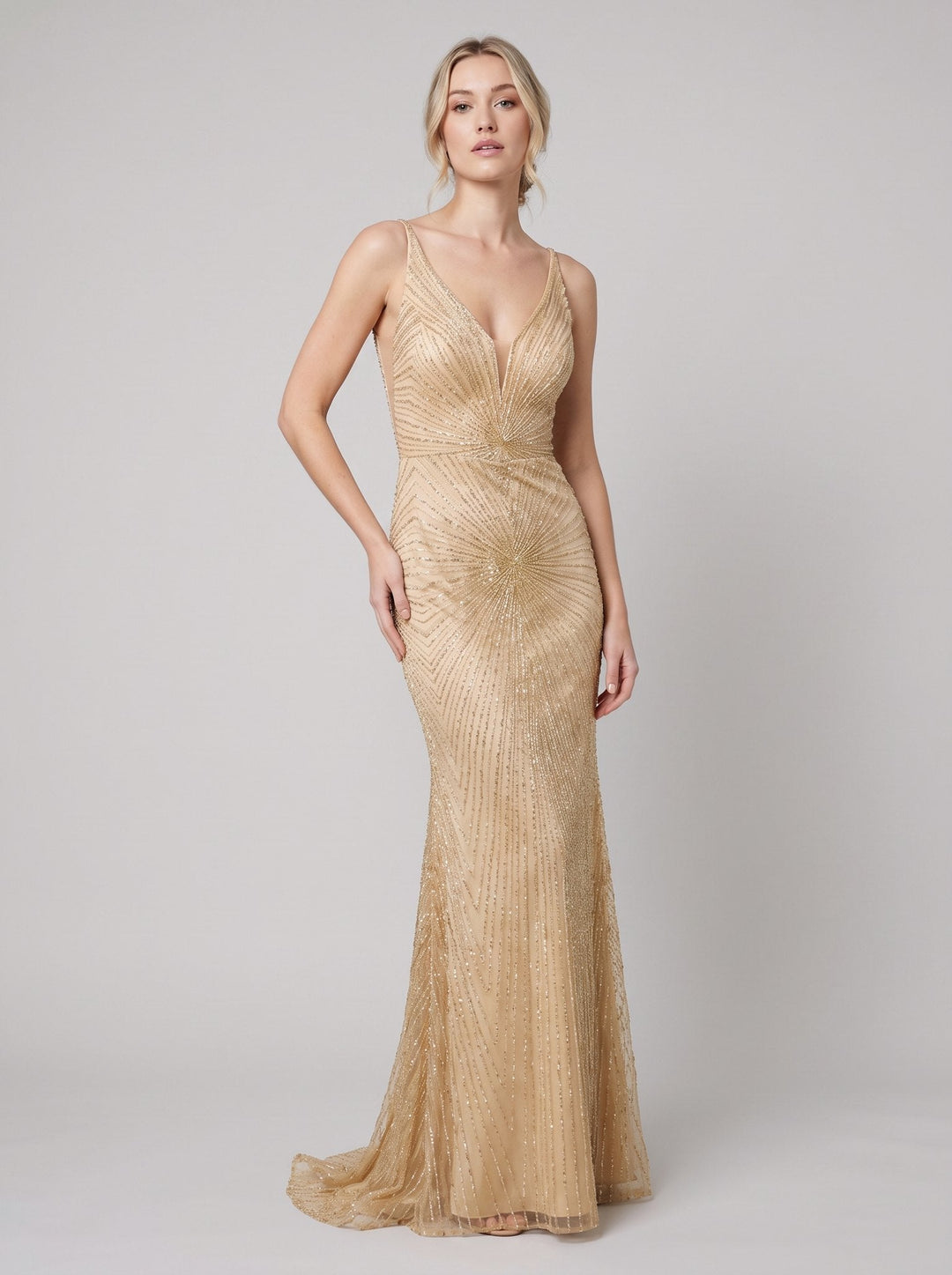 Amalia beaded evening gown champagne second front pose