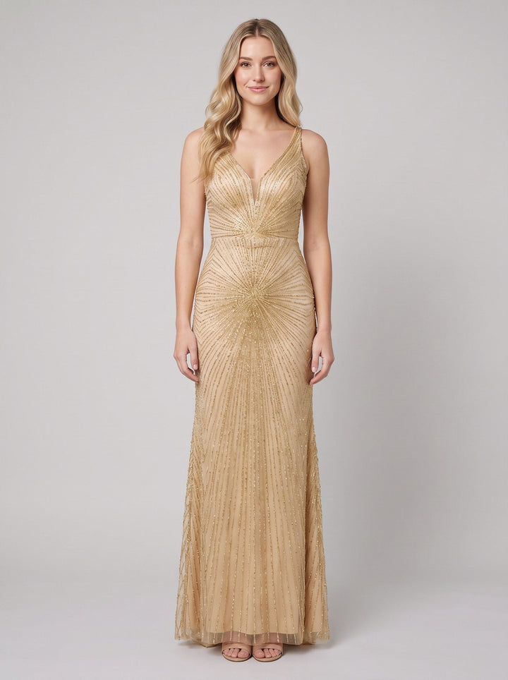 Amalia beaded evening gown champagne front on model