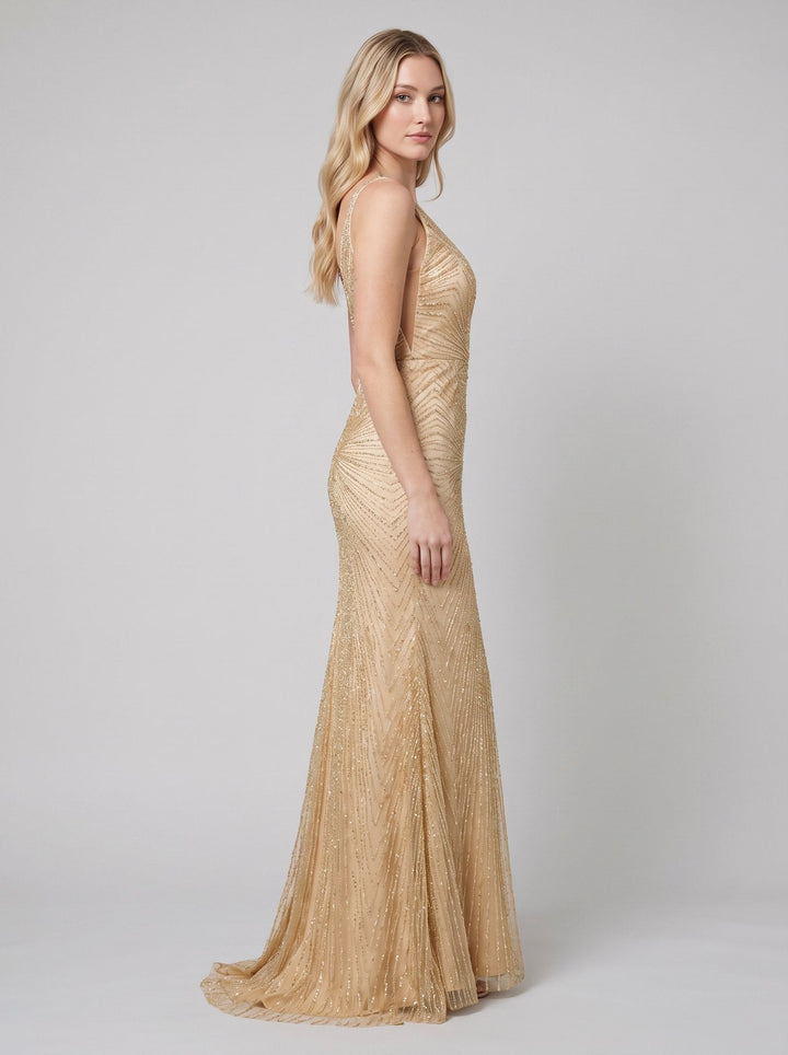 Amalia beaded evening gown champagne side view