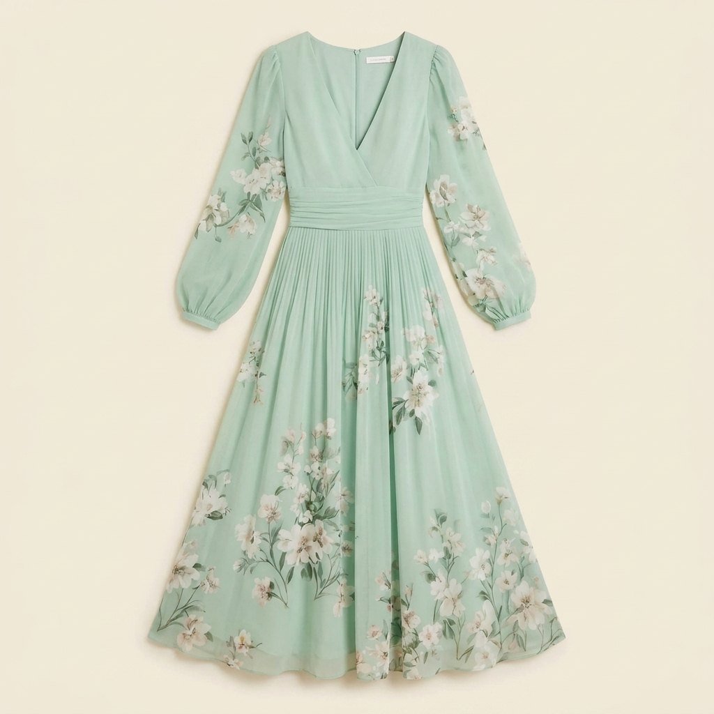 Amandine sage green floral midi dress flat lay