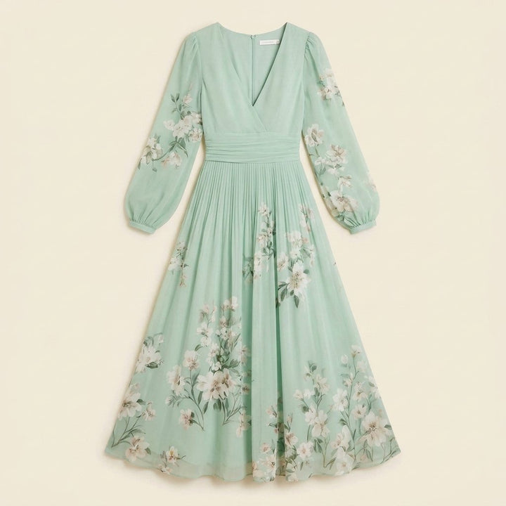 Amandine sage green floral midi dress flat lay