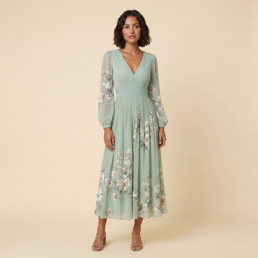 Amandine sage green floral midi dress front on model
