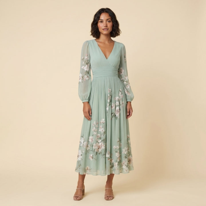 Amandine sage green floral midi dress front on model