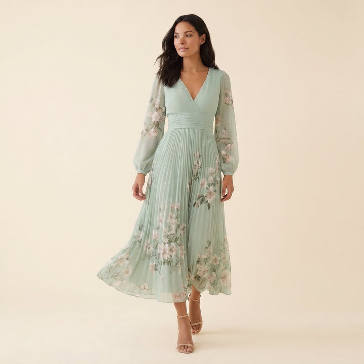 Amandine sage green floral midi dress three-quarter view on model