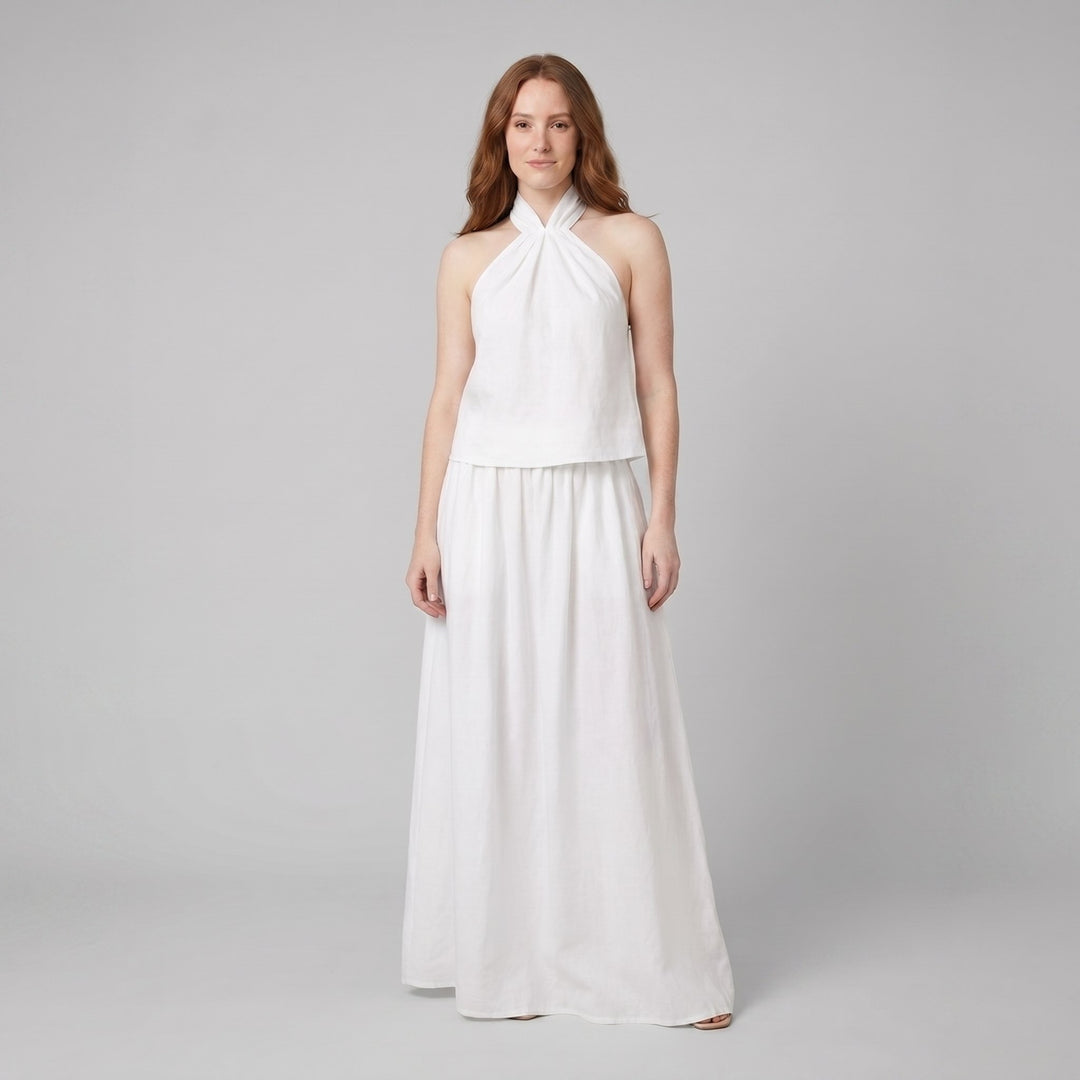Amara white cotton-linen halter maxi set on model front