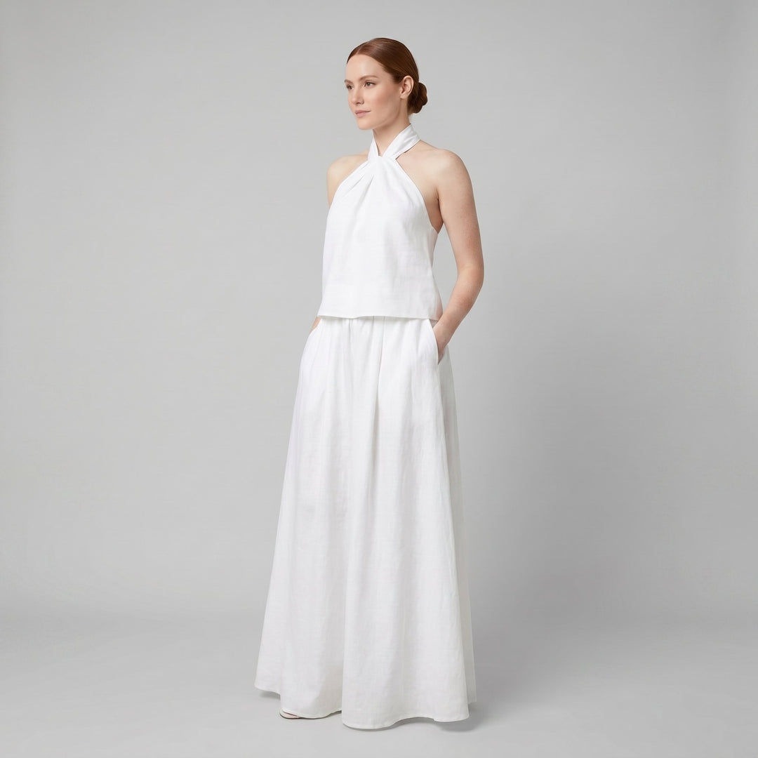 Amara white cotton-linen halter maxi set on model