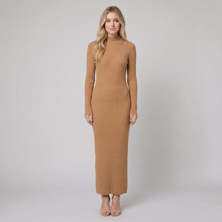 Amelie wool-blend maxi sweater dress in camel, on model