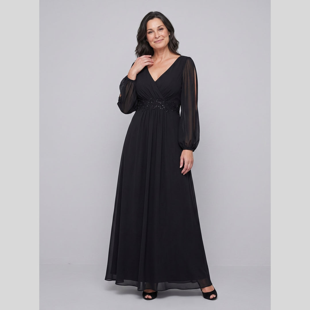 Black chiffon V-neck long sleeve floor-length evening gown - The store Vancouver