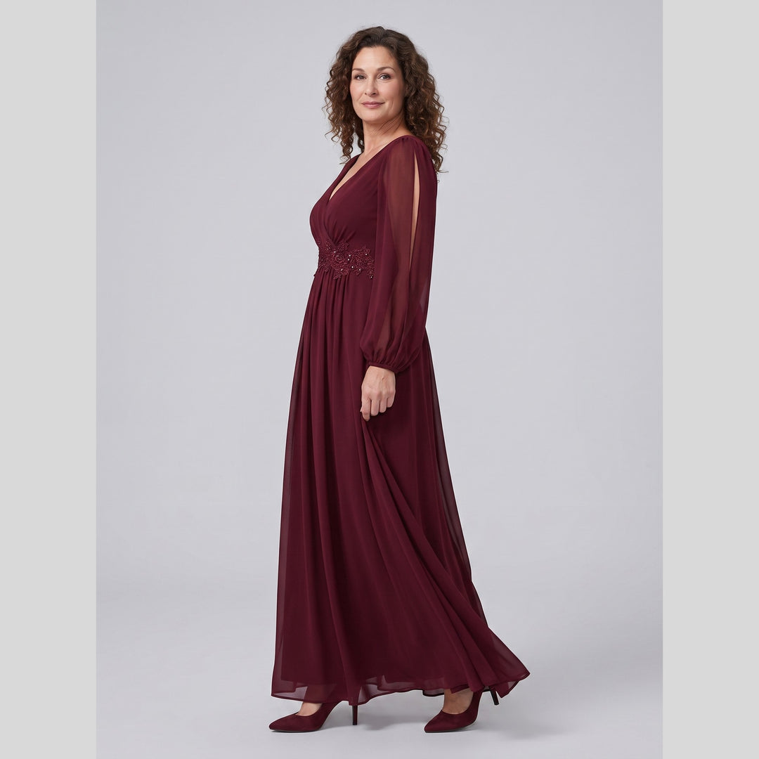 Burgundy chiffon V-neck long sleeve floor-length evening gown - The store Vancouver