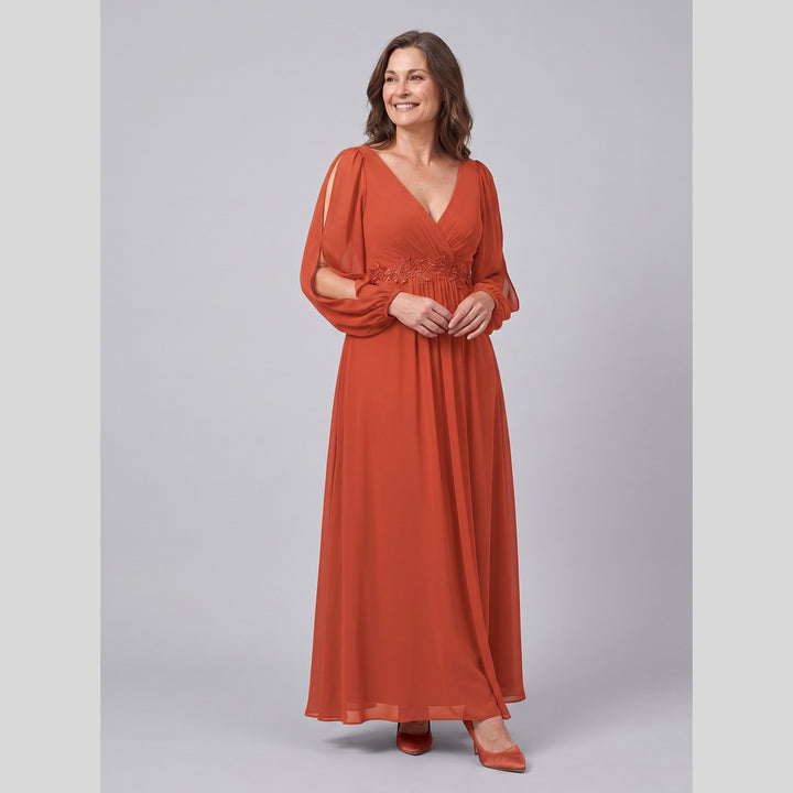 Burnt orange chiffon V-neck long sleeve floor-length evening gown - The store Vancouver
