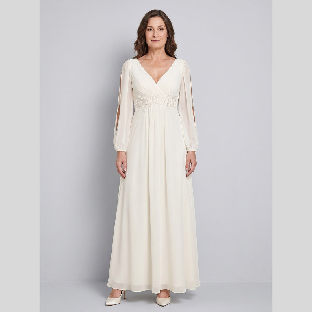 Cream chiffon V-neck long sleeve floor-length evening gown - The store Vancouver