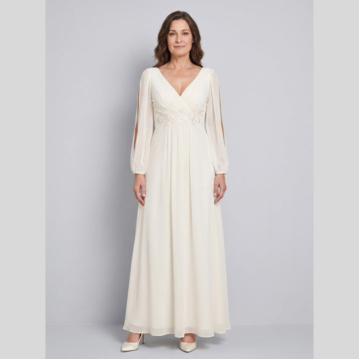 Cream chiffon V-neck long sleeve floor-length evening gown - The store Vancouver