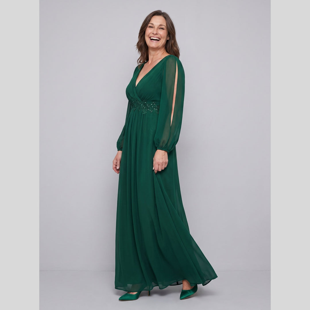 Dark green chiffon V-neck long sleeve floor-length evening gown - The store Vancouver