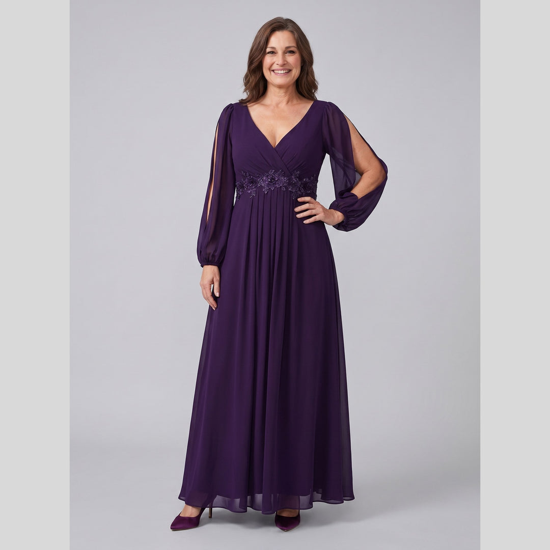 Dark purple chiffon V-neck long sleeve floor-length evening gown - The store Vancouver
