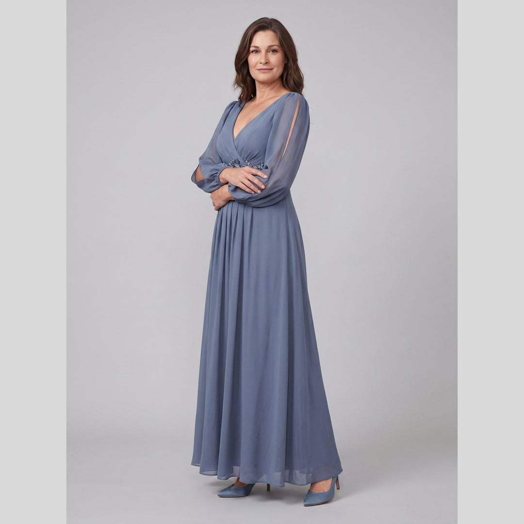 Dusty blue chiffon V-neck long sleeve floor-length evening gown - The store Vancouver