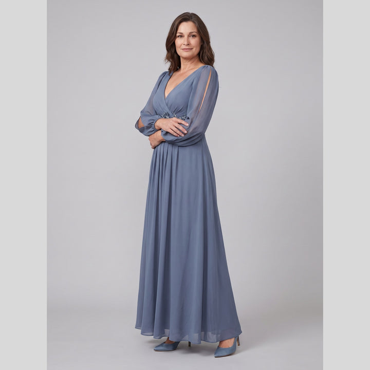 Dusty blue chiffon V-neck long sleeve floor-length evening gown - The store Vancouver