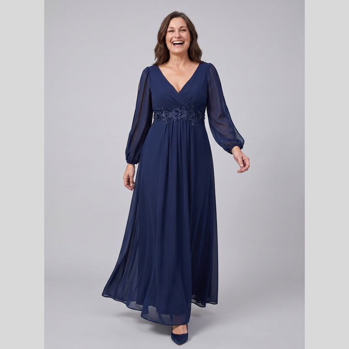 Navy blue chiffon V-neck long sleeve floor-length evening gown - The store Vancouver